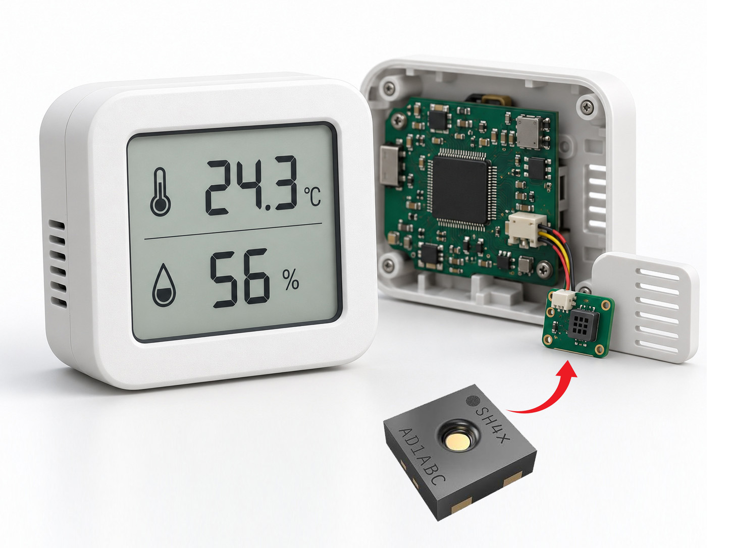 Temperature and humidity monitor product concept with front display, controller PCB and separate vented sensor board
