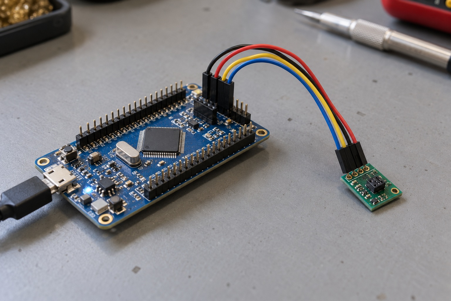 Illustrative STM32F407 and SHT41 development bench with connected sensor module