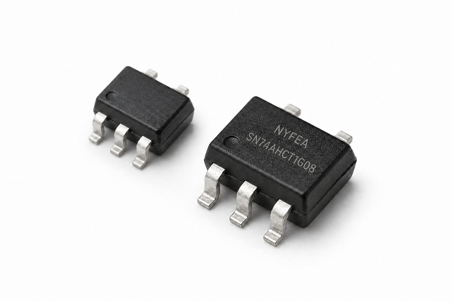 NYFEA SN74AHCT1G08 single-gate logic IC product appearance with SOT23-5 and SC70-5 packages