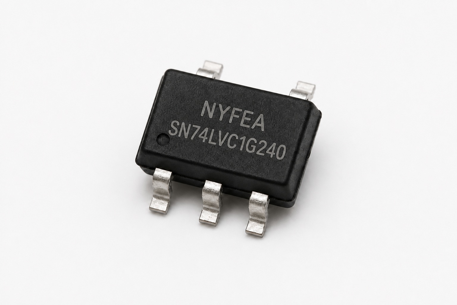 Photorealistic SN74LVC1G240 SOT23-5 product appearance with NYFEA and SN74LVC1G240 top marking