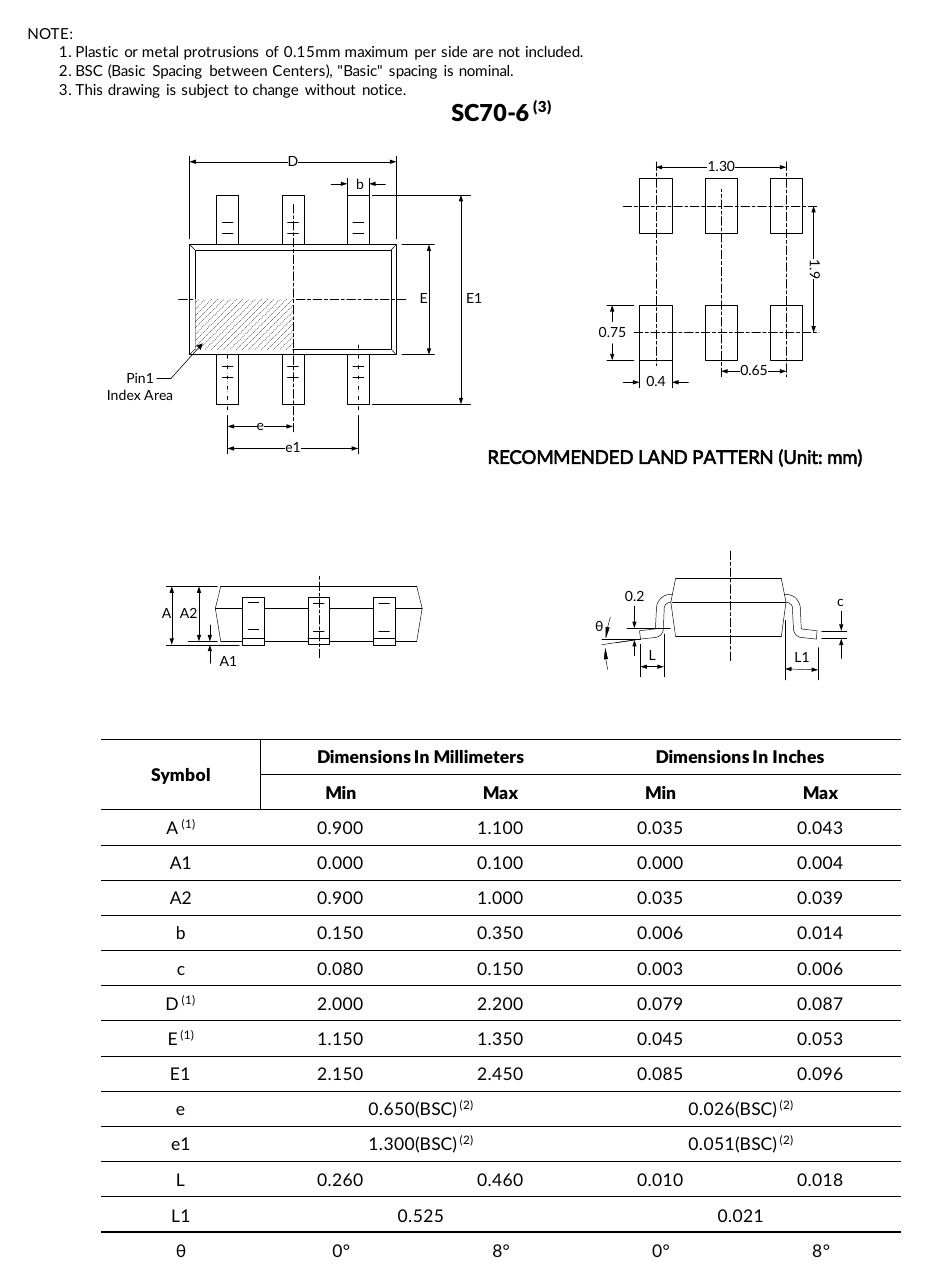 SN74LVC2G14 SC70-6 package outline and land pattern