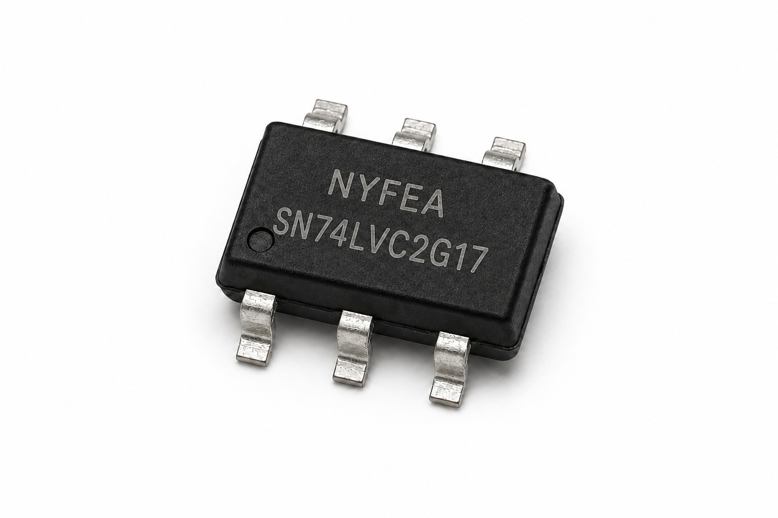 Photorealistic SN74LVC2G17 six-pin product appearance with NYFEA full-model marking