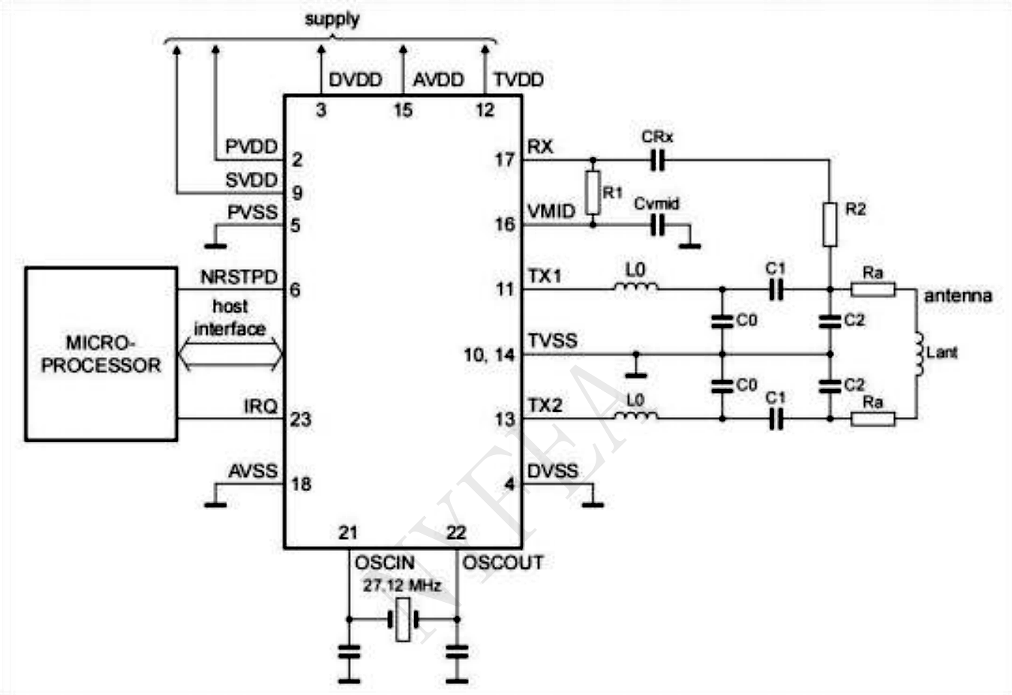 NF522 typical application circuit with MCU interface, 27.12 MHz crystal, RX input, TX1 and TX2 outputs, and antenna matching network