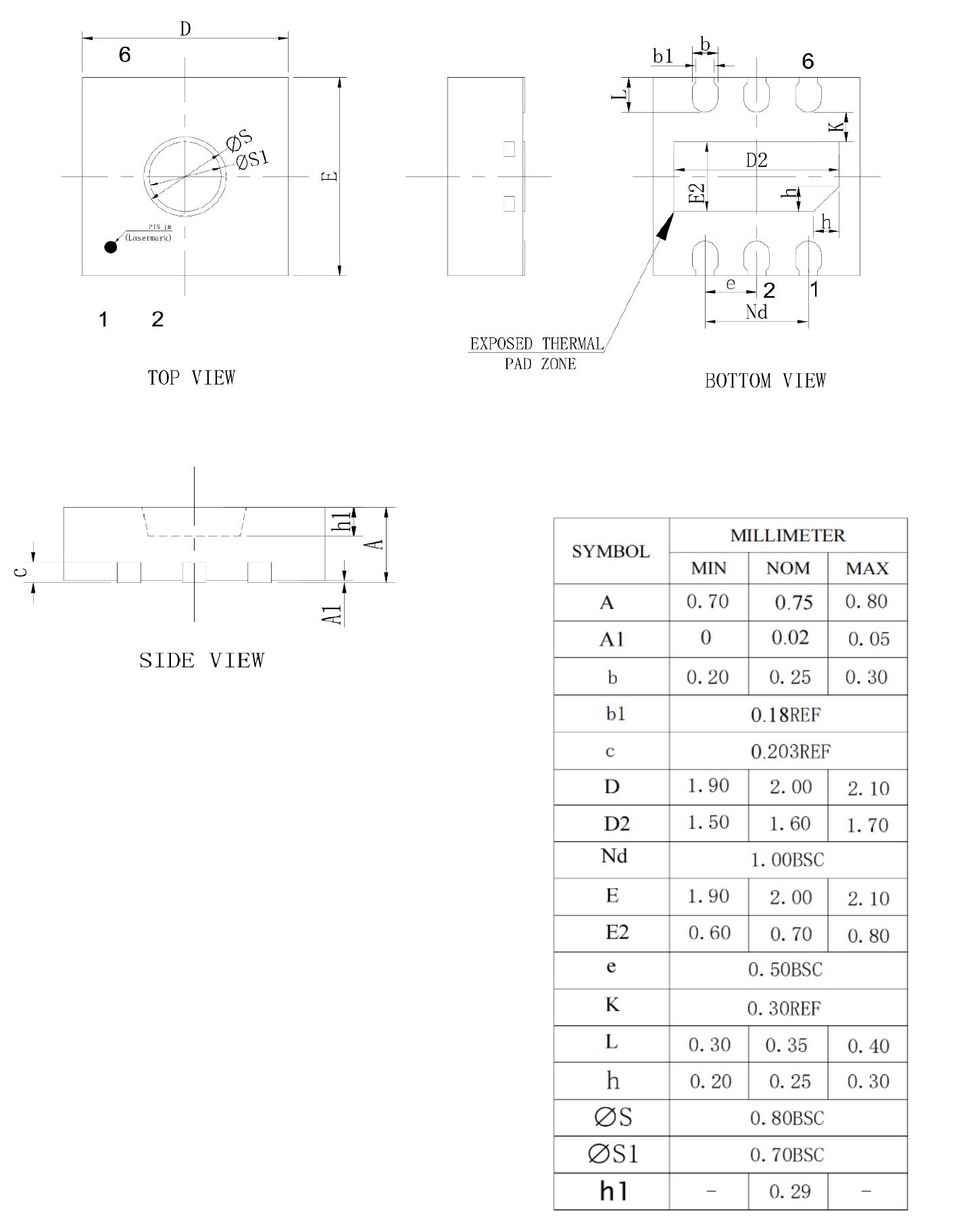 FHTC3 DFN6 package drawing and dimensions