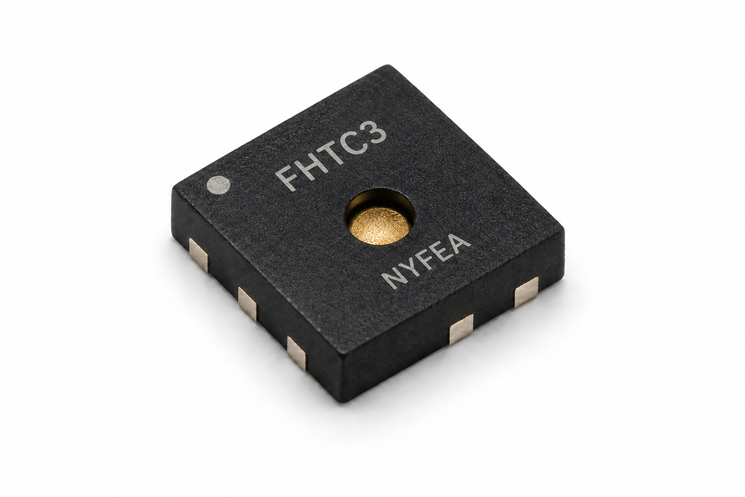 NYFEA FHTC3 digital temperature and humidity sensor in a six-pad DFN package, shown at a 45-degree angle
