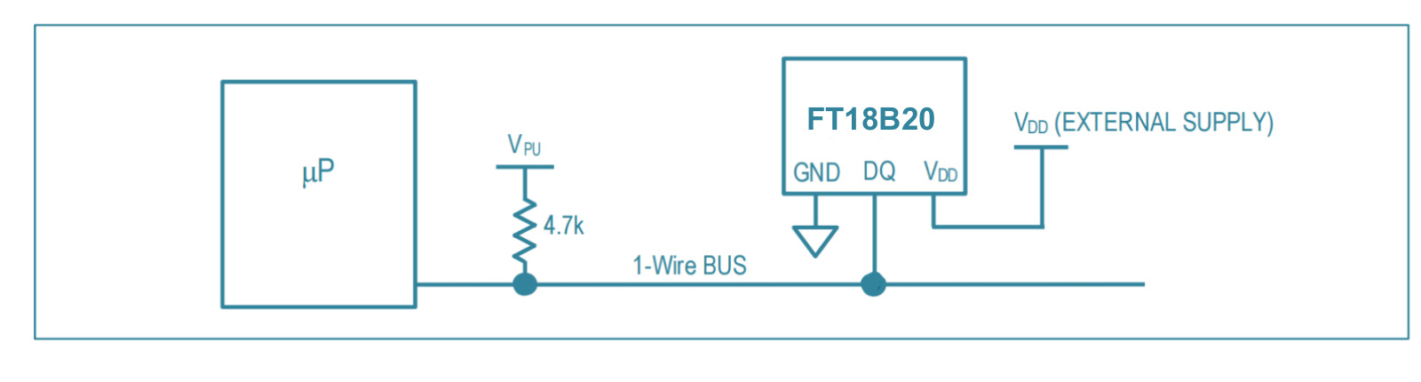 FT18B20 externally powered circuit with a 4.7 kiloohm 1-Wire pullup